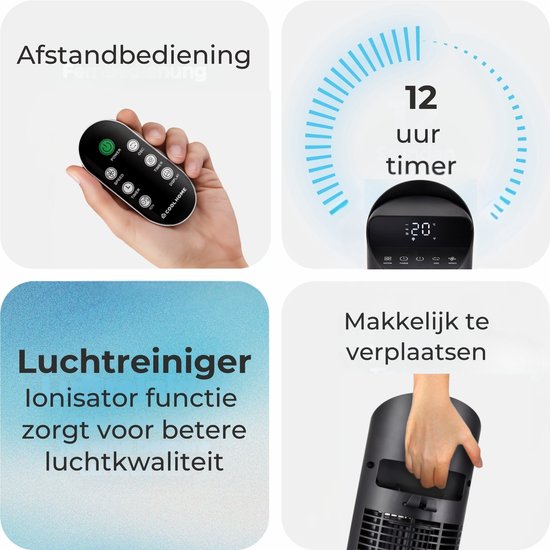 CoolHome Airflow Pro Ventilator – Torenventilator met Afstandsbediening – Waaier met Ionisator – 102 cm – Dimbaar LED-scherm – 6 Snelheden – Zwart