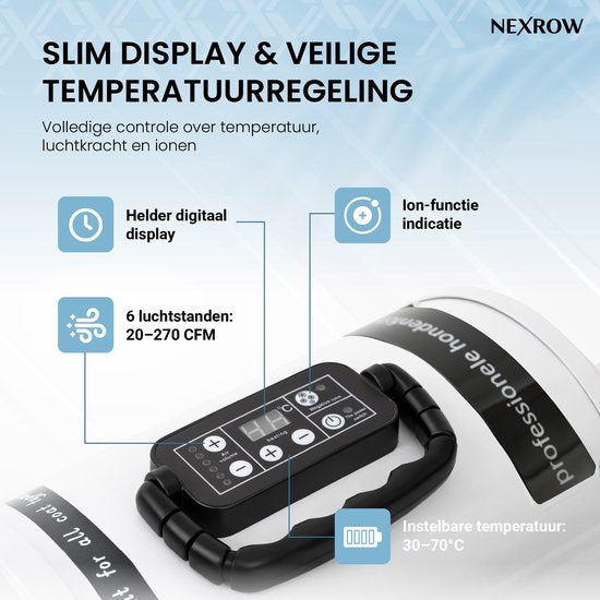 NEXROW® Professionele Hondenföhn 3800W – Waterblazer voor Honden met LCD Display – Stil Design met Negatieve Ionen Functie – 4 Opzetstukken – Wit