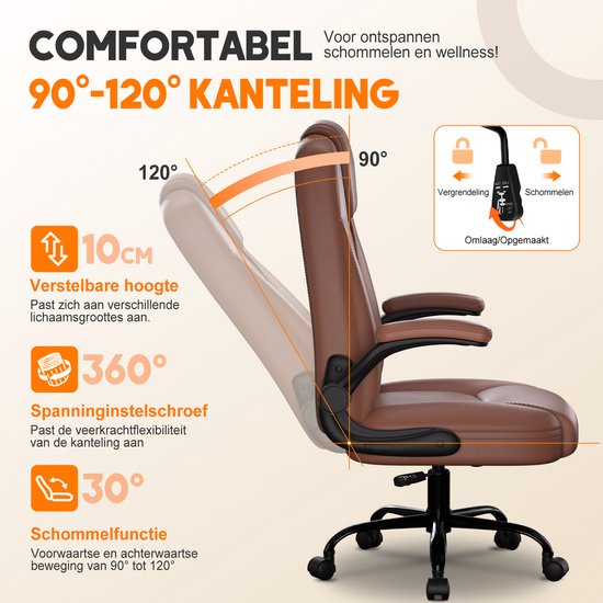 Elekiatech Ergonomische Bureaustoel-Bureaustoel-met 90°-120°Rugleuning Bureaustoelen voor Volwassenen-Inklapbare Armleuningen-Office Chair-Gaming Stoel-150kg - Bruin