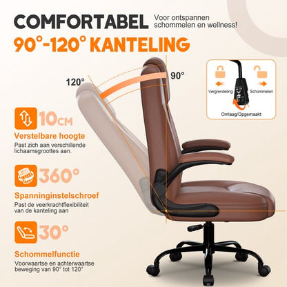 Elekiatech Ergonomische Bureaustoel-Bureaustoel-met 90°-120°Rugleuning Bureaustoelen voor Volwassenen-Inklapbare Armleuningen-Office Chair-Gaming Stoel-150kg - Bruin