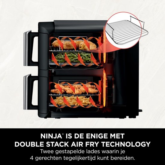 Ninja Double Stack Airfryer XXL - 7.6 Liter - Dubbele Gestapelde Lades - 6 Programma's - Inclusief 2 Kookrekjes - SL300EU