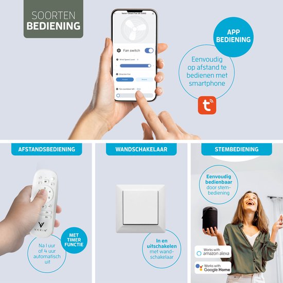 Varin® Smart Plafondventilator - Zwart - Tuya Wifi - Lange bladen - Ø 132cm - 6 snelheden - Super stil 20dB - Met afstandsbediening en gratis app - Ventilatorkachel - Ventilatoren plafond - Plafondventilator - Plafond ventilator slaapkamer