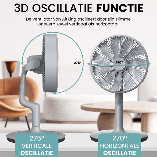AirKing Statiefventilator - Extreem Stil en energiezuinige ventilator met 15 snelheden, DC Motor, Timer en Nachtmodus - In hoogte verstelbaar (60-105cm) - Horizontale + verticale oscillatie - Grijs