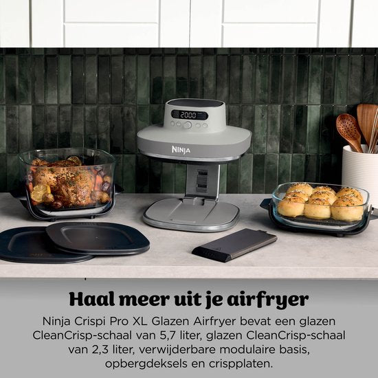 Ninja CRISPi PRO 7-in-1 Glazen Airfryer met 7 functies - Airfryen, Bakken, Braden, Rijzen, Drogen. Max Crisp en Opnieuw krokant maken - 2.3 liter en 5.7 liter glazen schaal - PFAS vrij koken - Stone - AS101EULG