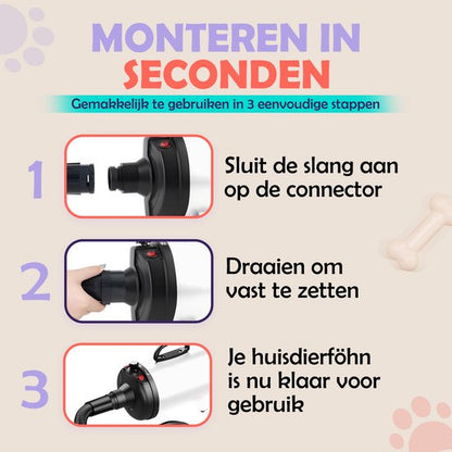 RobustRise Ultra Hondenfohn - 3800W - Wit - extra krachtig - Verstelbaar Vermogen - Waterblazer voor Honden - Hondenfohn met 4 Opzetstukken - Stil Design met geluidsdemper
