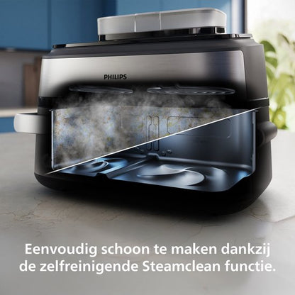 Philips Airfryer Megabasket Met Stoomfunctie 5000-serie – NA565/02 – PFAS vrij - Enkele mand óf Dubbele Mand - SteamClean – 9,5L – Tot 8 Personen – Inclusief Tang