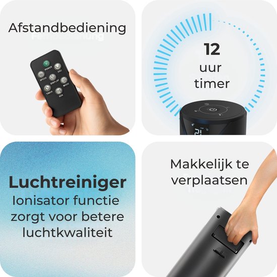 CoolHome CF2203 Design Ventilator Zwart - Torenventilator - Afstandsbediening en Timer - Kolomventilator met Luchtreiniger - Dimbaar LED-scherm - Ventilator Staand