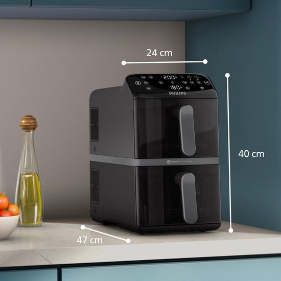 Philips Dual-Stacked Dubbele Airfryer 4000 Series – NA460/00 - PFAS Vrij - 2 Lades (Sync) – 10 L – Tot 6 Personen – Bespaart 45% Ruimte