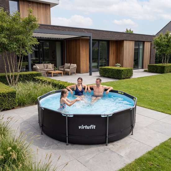 VirtuFit Rond Zwembad Ø366 x 100 cm - Incl. Filterpomp - Opzetzwembad - Duurzaam & Veilig Stalen Frame - Antraciet