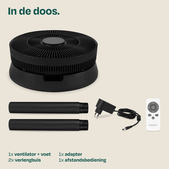 VONROC BREEZE Draadloze Ventilator – Fluisterstil (<44 dB) – 24 snelheden – lichtgewicht en draagbaar - 3 windmodi: Natuurlijk, Slaap, Normaal – Modulair: tafelventilator én vloerventilator – Luxe touchdisplay – Incl. afstandsbediening – Zwart