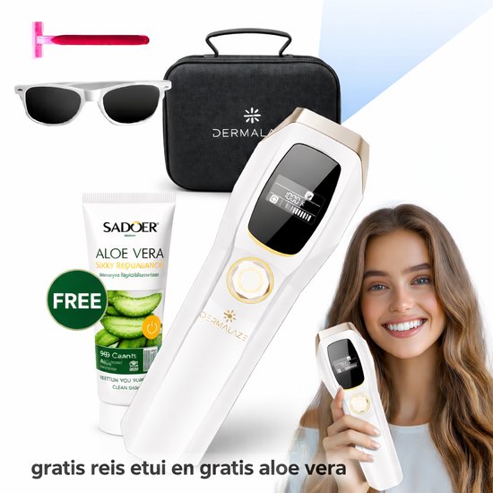 Dermalaze IPL Ontharingsapparaat – IPL Laser voor Permanente Haarverwijdering – Voor Mannen & Vrouwen – Pijnloos Thuisgebruik – Met LED Scherm –1.000.000 Flitsen – Scheermes – Beschermbril – 10 Standen – Ontharingsapparaten