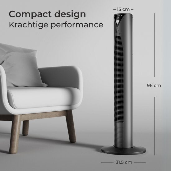 CoolHome CF2205 Ventilator - Stille torenventilator met afstandsbediening - Waaier met timer - Ventilator staand - Tower fan met dimbaar LED scherm - 96 cm - Zwart