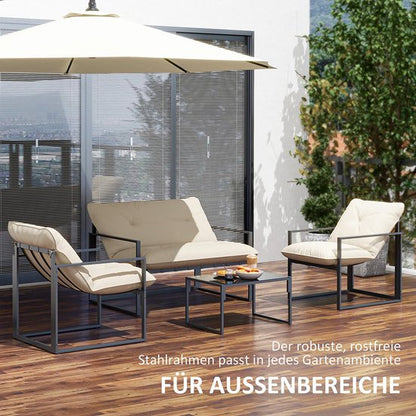 Pugsdrly Tuinsets, 1 glazen tafel, 2 fauteuils, 1 bank, weerbestendig, 114 cm x 70 cm x 67 cm, grijs + beige