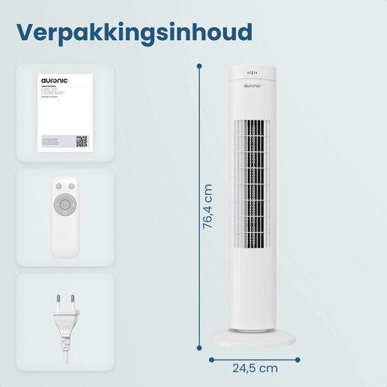 Auronic Torenventilator - Met Afstandsbediening en Timer - Ventilator - 60° Oscillatie - 76 cm - Wit