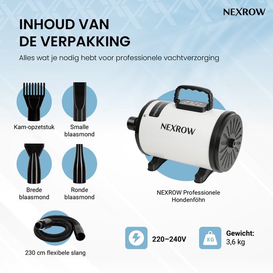 NEXROW® Professionele Hondenföhn 3800W – Waterblazer voor Honden met LCD Display – Stil Design met Negatieve Ionen Functie – 4 Opzetstukken – Wit