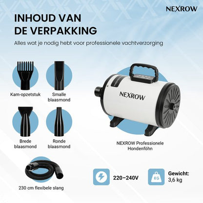 NEXROW® Professionele Hondenföhn 3800W – Waterblazer voor Honden met LCD Display – Stil Design met Negatieve Ionen Functie – 4 Opzetstukken – Wit
