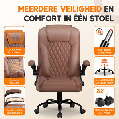 Elekiatech Ergonomische Bureaustoel-Bureaustoel-met 90°-120°Rugleuning Bureaustoelen voor Volwassenen-Inklapbare Armleuningen-Office Chair-Gaming Stoel-150kg - Bruin
