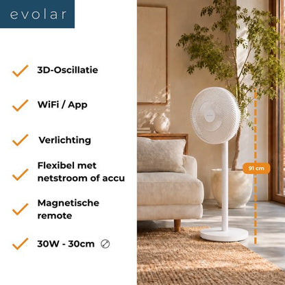 Evolar Smart Ventilator Staand - 36W - Incl. Accu - Statiefventilator - Ambient Light - WiFi - App & Afstandsbediening - EVO-SF36WW