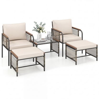 KOMFOTTEU 5-delig Tuinmeubelset voor buiten, met kussens, tuinmeubelen van rotan met 1 salontafel van gehard glas, 2 stoelen en 2 voetenbankjes, voor balkon, terras, patio