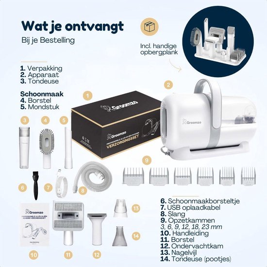 Hondentondeuse Met Stofzuiger - 20-Delig - 1,5L Opvangbak - Hondentrimmer Tondeuse - Honden Tondeuse - Honden Trimset - Incl. Video & E-book - Groomzo