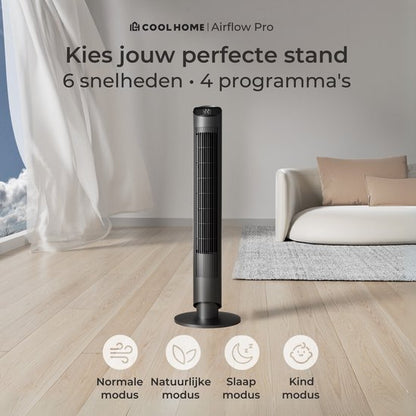 CoolHome Airflow Pro Ventilator – Torenventilator met Afstandsbediening – Waaier met Ionisator – 102 cm – Dimbaar LED-scherm – 6 Snelheden – Zwart