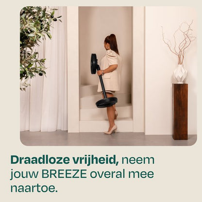 VONROC BREEZE Draadloze Ventilator – Fluisterstil (<44 dB) – 24 snelheden – lichtgewicht en draagbaar - 3 windmodi: Natuurlijk, Slaap, Normaal – Modulair: tafelventilator én vloerventilator – Luxe touchdisplay – Incl. afstandsbediening – Zwart