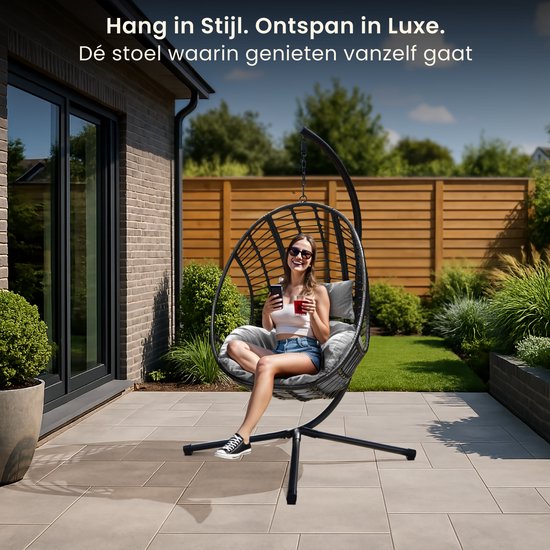 Swoods XXL Egg Hangstoel – Hangstoel met standaard – Egg Chair – tot 150kg – Lichtgrijs