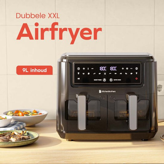 KitchenBrothers Dubbele Airfryer - PFAS-vrij - 2400W - Dual Zone - 9L - Heteluchtfriteuse - Airfryer XXL - 2 x 4.5L - 10 Kookprogramma's - Zwart
