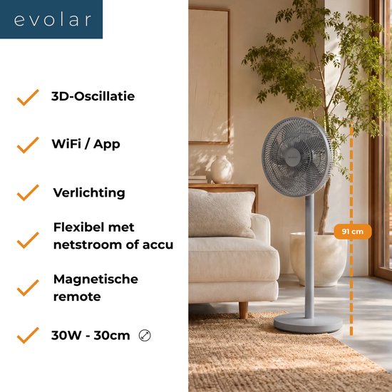 Evolar Smart Ventilator Staand - 36W - Incl. Accu - Statiefventilator - Ambient Light - WiFi - App & Afstandsbediening - EVO-SF36GW