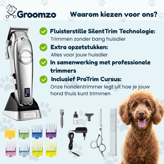 Hondentondeuse Dikke Vacht - Draadloos 5,5u - Fluisterstil <50dB - 2 Snelheden - Hondentrimmer - Honden Tondeuse Trimset - Video & E-book - RVS - Groomzo