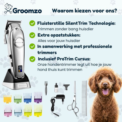 Hondentondeuse Dikke Vacht - Draadloos 5,5u - Fluisterstil <50dB - 2 Snelheden - Hondentrimmer - Honden Tondeuse Trimset - Video & E-book - RVS - Groomzo