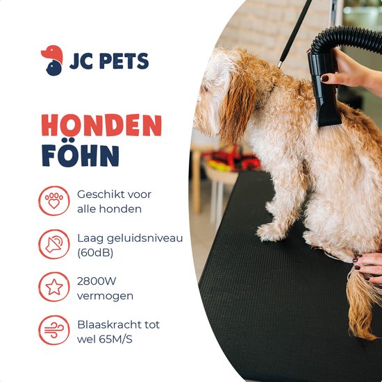 JC Pets Professionele Hondenfohn - Waterblazer voor Honden - Hondenblazer met geluiddemper - Haardroger Hond - Stil Model - Inclusief 4 Opzetstukken - 2800W