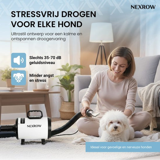 NEXROW® Professionele Hondenföhn 3800W – Waterblazer voor Honden met LCD Display – Stil Design met Negatieve Ionen Functie – 4 Opzetstukken – Wit