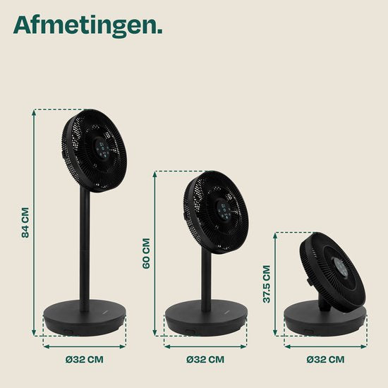 VONROC BREEZE Draadloze Ventilator – Fluisterstil (<44 dB) – 24 snelheden – lichtgewicht en draagbaar - 3 windmodi: Natuurlijk, Slaap, Normaal – Modulair: tafelventilator én vloerventilator – Luxe touchdisplay – Incl. afstandsbediening – Zwart