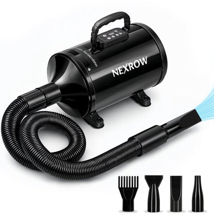 NEXROW® Professionele Hondenföhn 3800W – Waterblazer voor Honden met LCD Display – Stil Design met Negatieve Ionen Functie – 4 Opzetstukken – Zwart