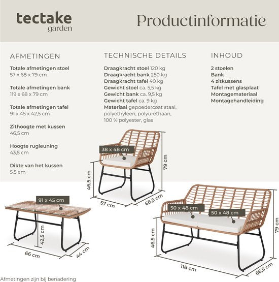 tectake® Bistroset Molfetta XL - Tuinset voor 4 Personen - Weerbestendige Loungeset - 2 Tuinstoelen, Tuinbank en Tuinafel - Inclusief comfortabele Kussens - Zitgroep voor Tuin, Balkon en Terras