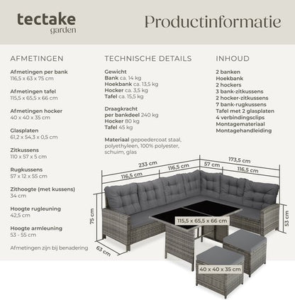 tectake® Loungeset Barletta - 6 tot 8 Personen - Modulaire Tuinset met Loungebank, Kruk en Tuintafel - Tuinmeubels - Balkonmeubel - 5-delige Zitgroep - Inclusief Kussens - Ideaal voor Tuin, Terras en Balkon - Beige met Grijze Kussens