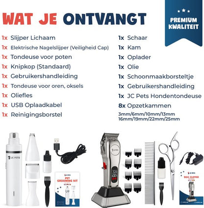 JC Pets Hondentondeuse & 3-in-1 Grooming Set – Draadloze Dieren Tondeuse voor Honden & Katten – RVS Hondentrimmer met Oplaadstation, Poottondeuse, Precisietondeuse & Elektrische Nagelslijper – Complete Trimset voor Alle Vachten