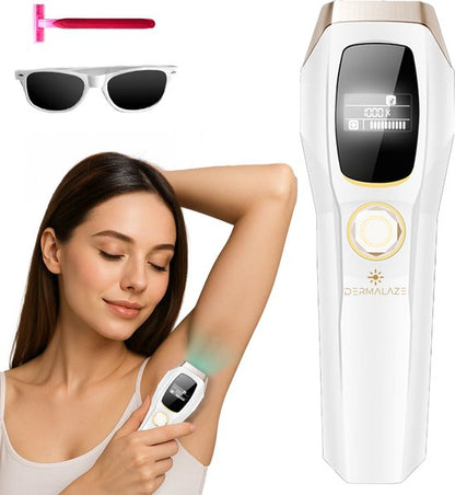 Dermalaze IPL Ontharingsapparaat – IPL Laser voor Permanente Haarverwijdering – Voor Mannen & Vrouwen – Pijnloos Thuisgebruik – Met LED Scherm –1.000.000 Flitsen – Scheermes – Beschermbril – 10 Standen – Ontharingsapparaten
