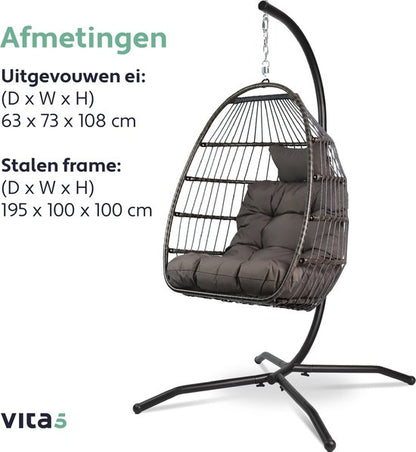 Vita5 Egg Hangstoel – Binnen en Buiten – Cocoon Stoel - met Standaard - tot 150kg – Opvouwbaar - Incl. Kussen en Waterdichte Beschermhoes – Donkerbruin