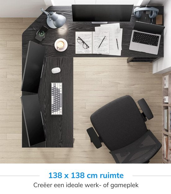ACAZA Bureau - Hoekbureau - Zwart - 138 x 50 x 76 cm (L x B x H) - Bureautafel - Game Bureau - Bureau Gaming - Game Bureau