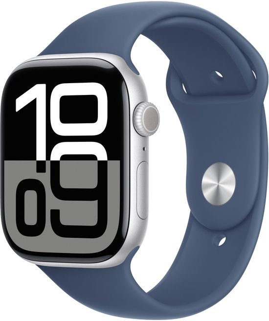 Apple Watch Series 10 - Wifi - 46mm - Zilverkleurig Aluminium Case met Denim Sportbandje - M/L