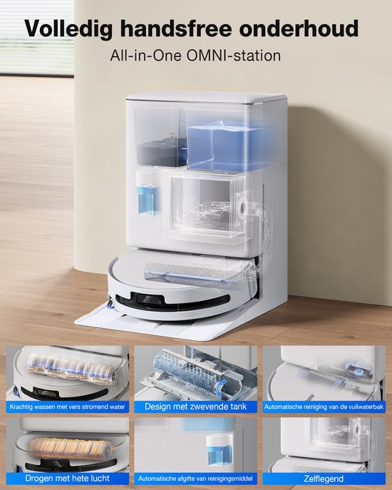 ECOVACS DEEBOT T90 OMNI – Robotstofzuiger – OZMO Roller dweil – 30.000 Pa –ZeroTangle 4.0 Anti-tangle –AIVI 3D obstakelvermijding–Zelfreinigend– Voor harde vloeren & tapijt–Wit–T80 Upgrade
