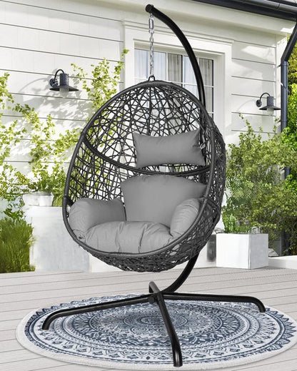Hangstoel Sydney - Bruin / Grijs Wicker - Zwart Frame - Grijze kussens - Basketmaat 82*65*110CM-voor Buiten en Binnen