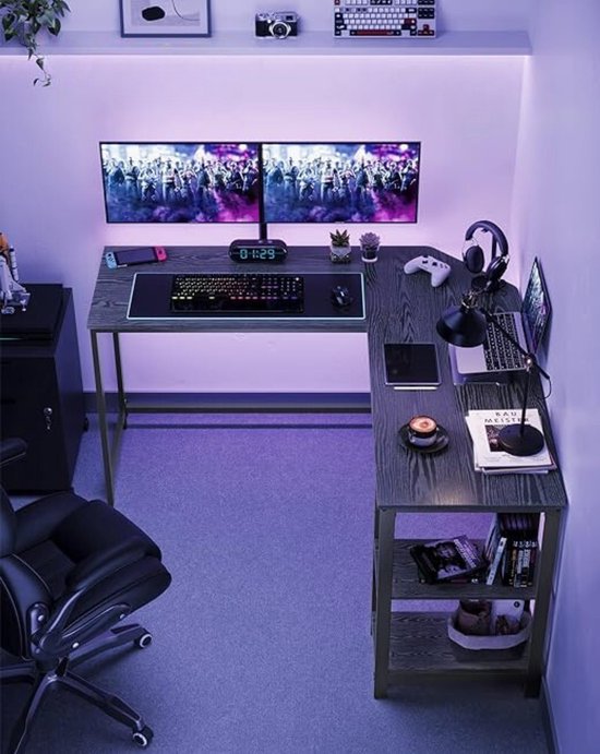 ACAZA Bureau - Hoekbureau - Zwart - 138 x 50 x 76 cm (L x B x H) - Bureautafel - Game Bureau - Bureau Gaming - Game Bureau