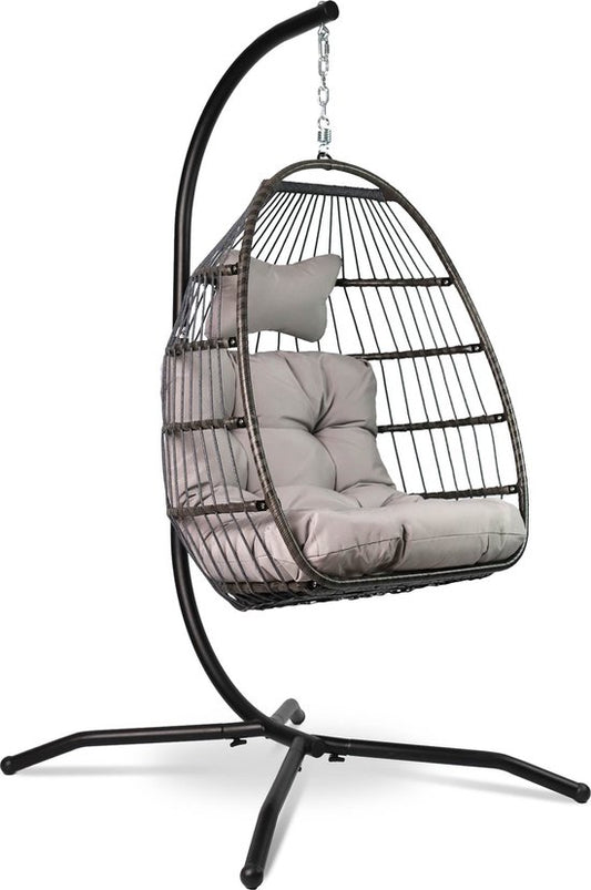 Vita5 Egg Hangstoel – Met Standaard – Binnen en Buiten – Cocoon Stoel - Opvouwbaar - Tot 150kg – Incl. Kussen en Waterdichte Beschermhoes – Lichtgrijs