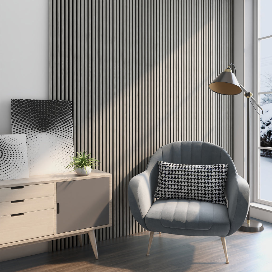 Akustikpanel i grå valnød – 270 × 60 cm, ægte træfiner