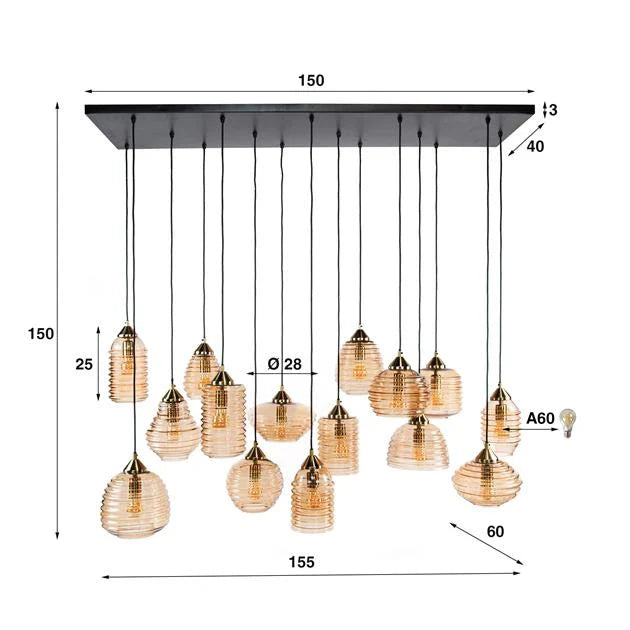 Lucy 15-lichts Hanglamp Rib glas Amber