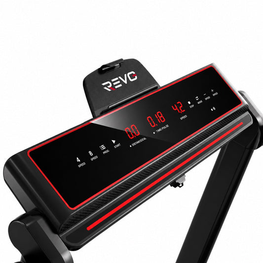 Foldbart løbebånd REVO Tempo 16 – 1–16 km/t – 16 programmer – løbeflade 120 × 45 cm – foldet højde 19 cm
