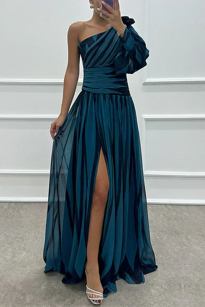 Shiloh - Elegante Gestreepte Maxi Jurk met Eén Schouder